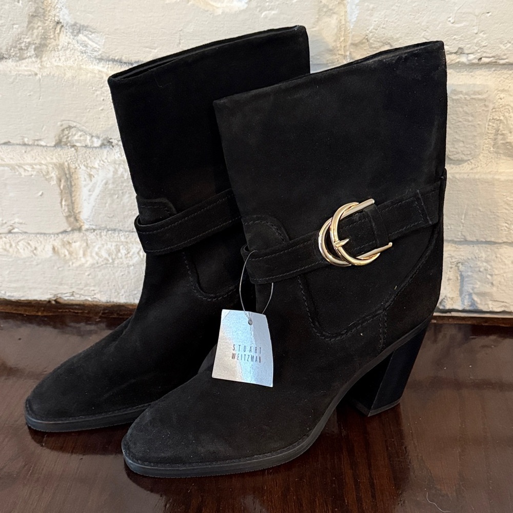 Stuart Weitzman Black Suede Short Boots Gold Buckle Waterproof 8.5 New